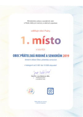 1.místo v soutěži Obec přátelská seniorům 2019