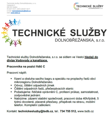 Technické služby Dolnobřežanska hledají pracovníka na pozici řidič C